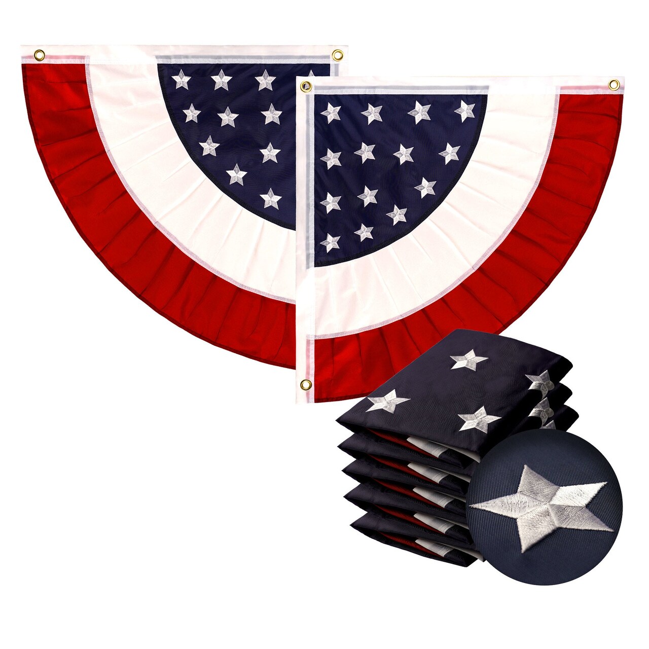 G128 5 Pack: USA Pleated Fan Flag Star 1.5x1.5 Feet Center Quarter Circle Embroidered Polyester Stars and Stripes